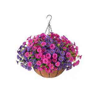 Anti-UV simulated silk petunia hanging flower basket - artificial fake flowers with hanging flower holder, Outdoor Hanging Planters, Hanging Flower Pots - porch, terrace, garden, outdoor decoration