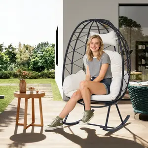 [Bellemave] Indoor Outdoor Egg Rocking Chair, 330LBS Capacity Wicker Rattan Cocoon Lounge Chair with Thick Cushion & Pillow, Foldable Single Swing Rocker Chair for Patio, Balcony, Bedroom, Living Room