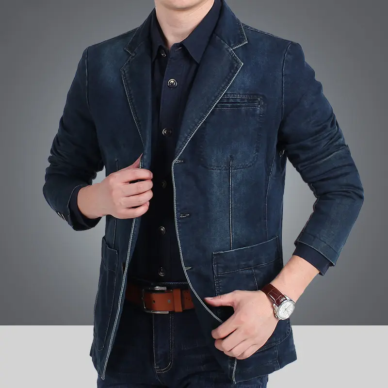 Men’s 100% cotton denim casual suit jacket — washed distressed, slim fit, single-breasted blazer; men’s pure cotton denim suit jacket; men’s business casual washed denim small suit jacket top