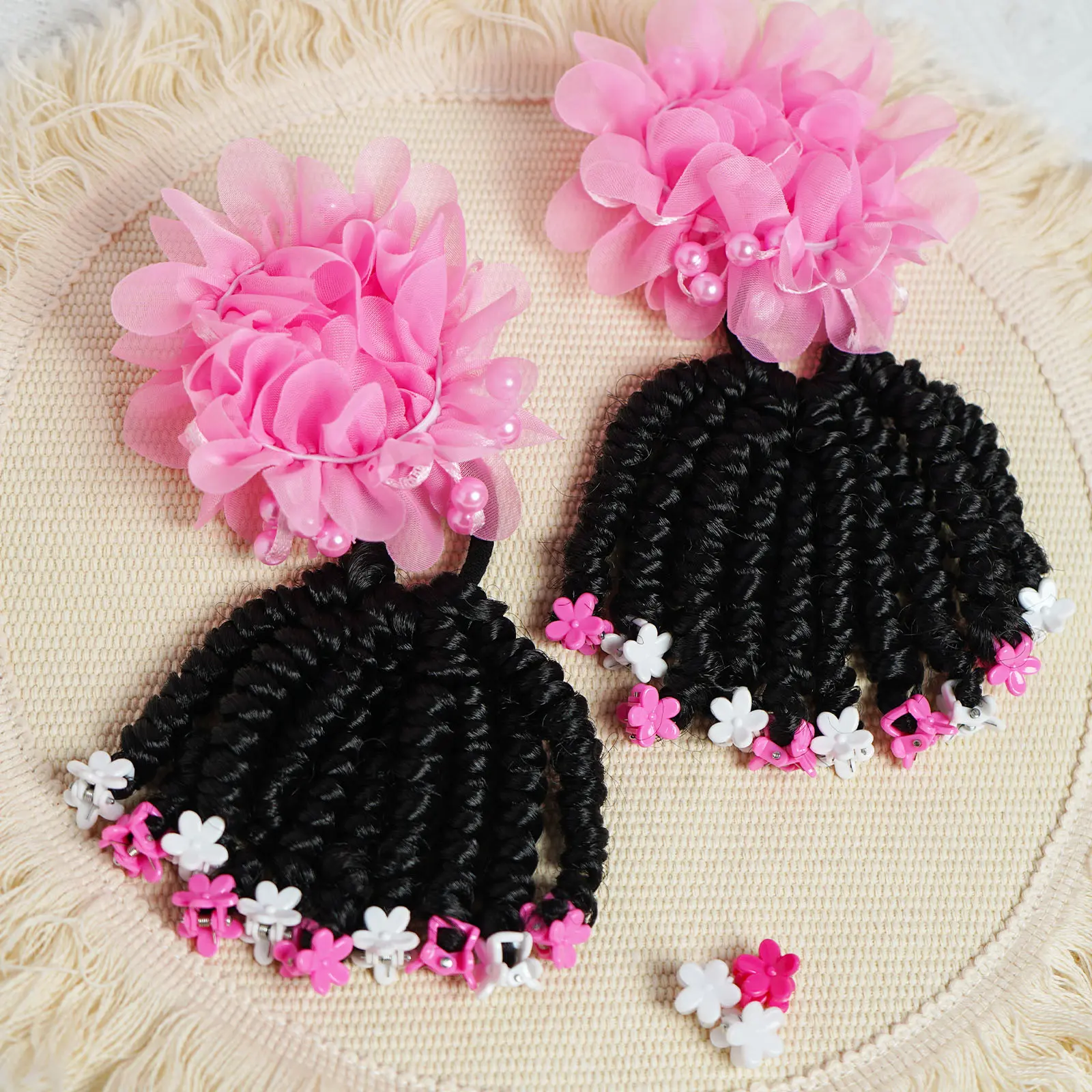 2pcs Mini Ponytail Extensions, Cute Band Hair Extension, Spring Twist Braids With Flower Hair Tie, Ponytails With Flower Clips, Beautiful Wig For Girls Casual Leisure Party Hair Accessories, Birthday Gifts For Girl   clip  Styling  hair extensions,summerv