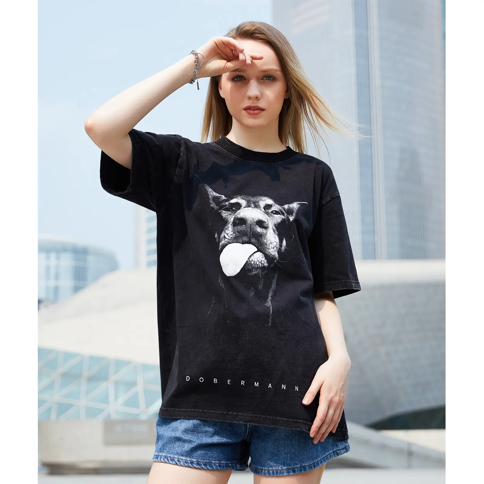 LAIXTON Doberman Acid Wash Graphic T-Shirt Unisex Cotton Oversized Crewneck Short Sleeve Vintage Streetwear Casual Tee Tshirt