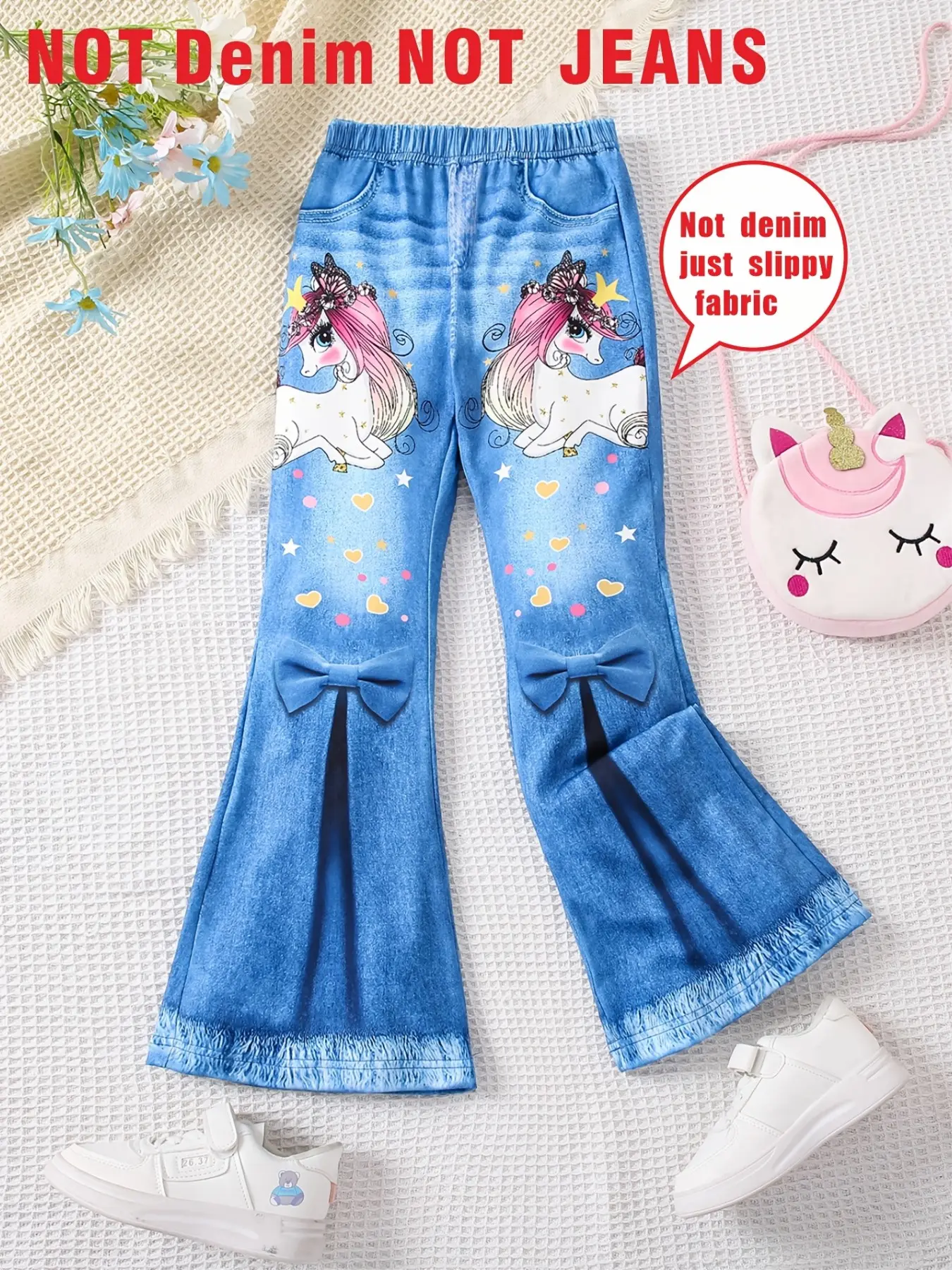 1-piece set of girls' imitation denim bell bottoms, flowers full printed knitted imitation denim pants, Floral print pants for casual, loose, soft and comfortable outings, bell bottoms for girls over 3 years old, holiday carnival party