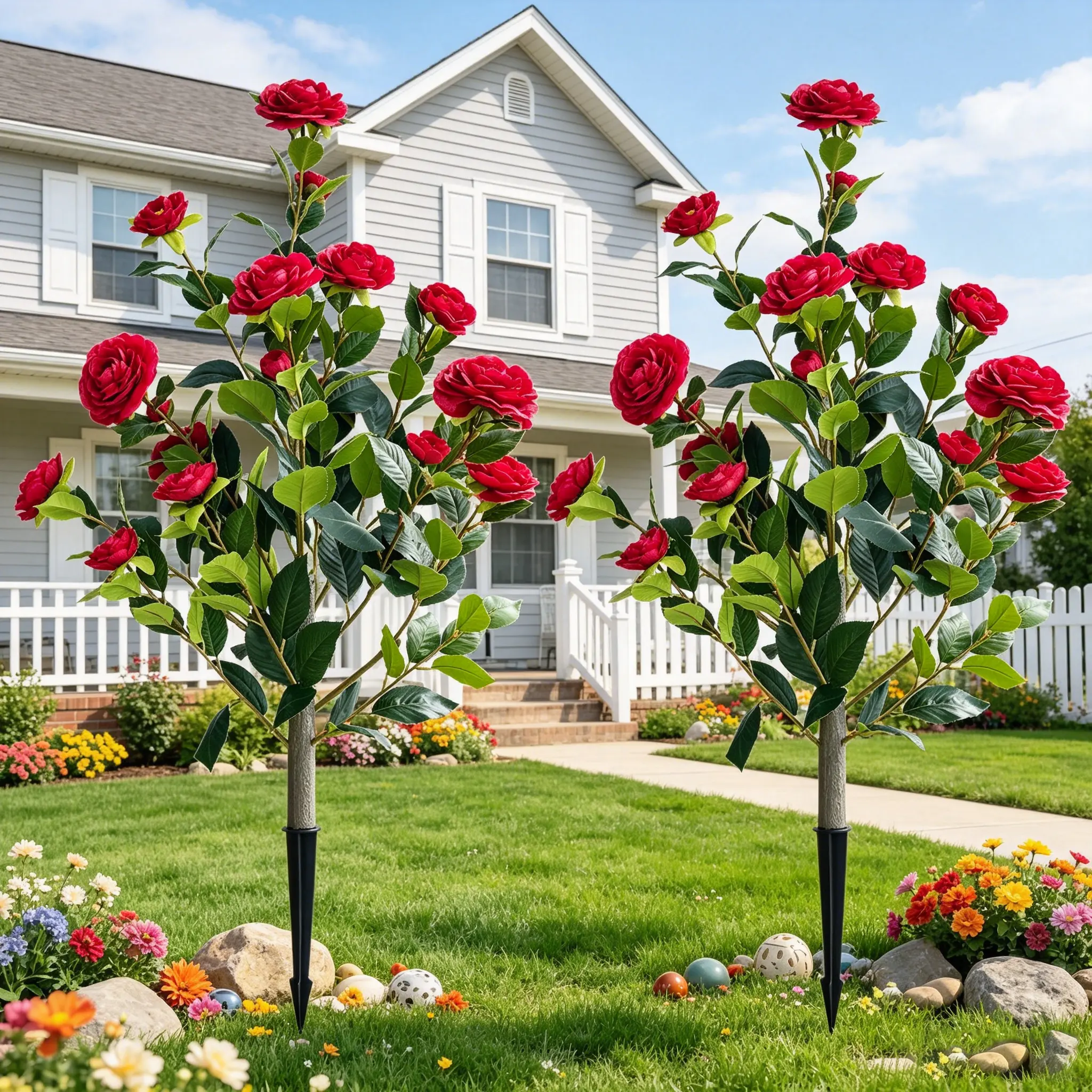 3.2FT Artificial Camellia Bouquet With Ground Spikes, Waterproof And Realistic Fake Roses, Used For Outdoor Graves, Gardens And Memorial Decoration.