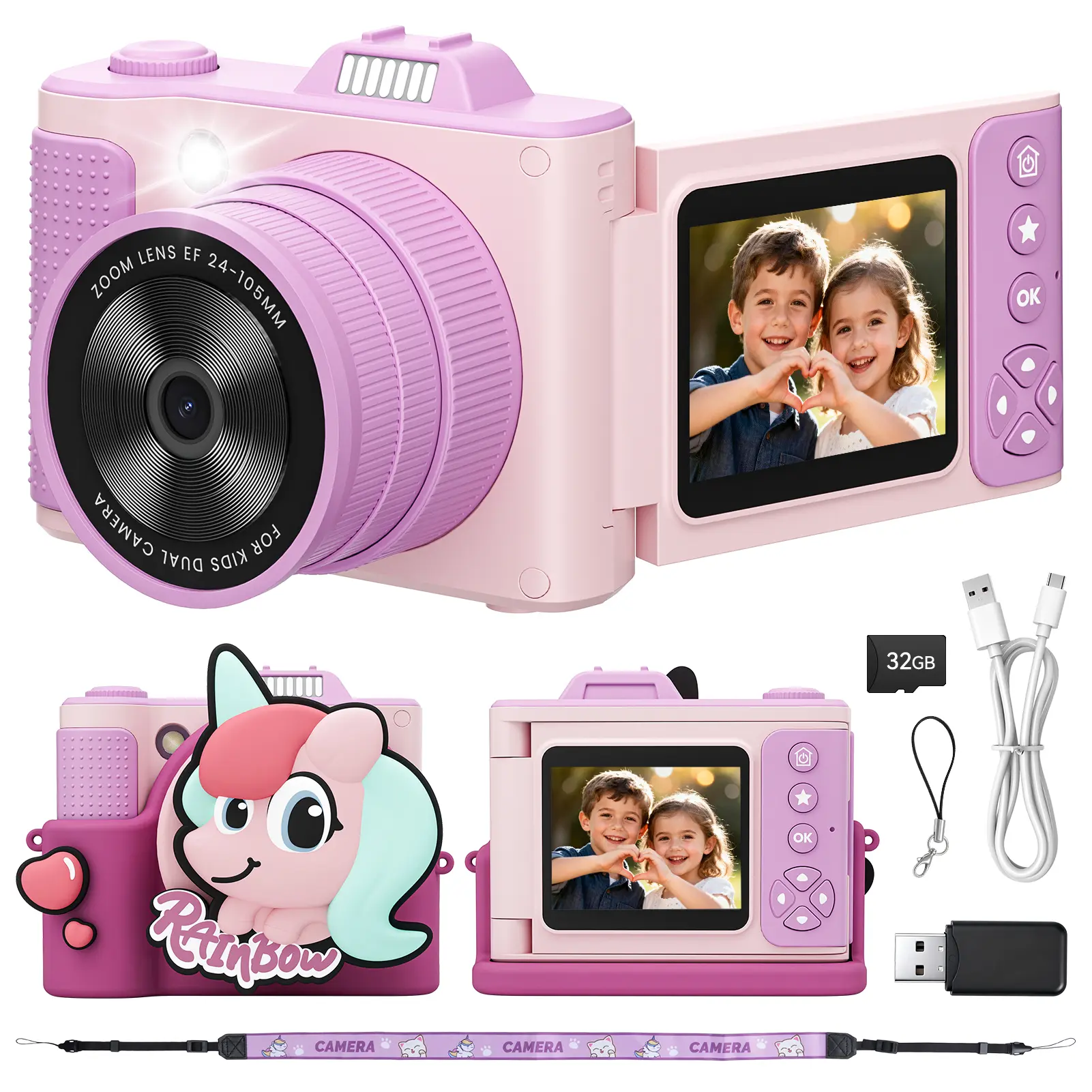 MYVIA Kids Camera Toddler Camera for Boys Girls Ages 3-10, Kids Digital Camera 1080P HD Video Selfie Camera with Manual Focus Lens, 32GB SD Card, Shockproof Camera for Outdoor Play Travel Birthday Gift Kids, Kids Video Camera Toy Camera Childrens Camera s