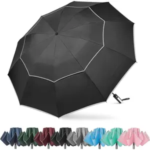 54/62 Inch Windproof Inverted Umbrella with Reflective Stripe Large Compact Reverse Golf Umbrella for Rain 10 Ribs Double Canopy Travel Umbrella Automatic Open Close