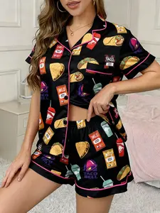 Women's 2-Piece Full-Body Snack & Beverage Print Sleepwear Set (Short Sleeve & Shorts) - Soft Comfort Top with Small Pockets, Turned-Down Collar, Button Closure, Elasticated Waistband, Suitable for Year-Round Home Wear - Button Front Shorts Pj Set