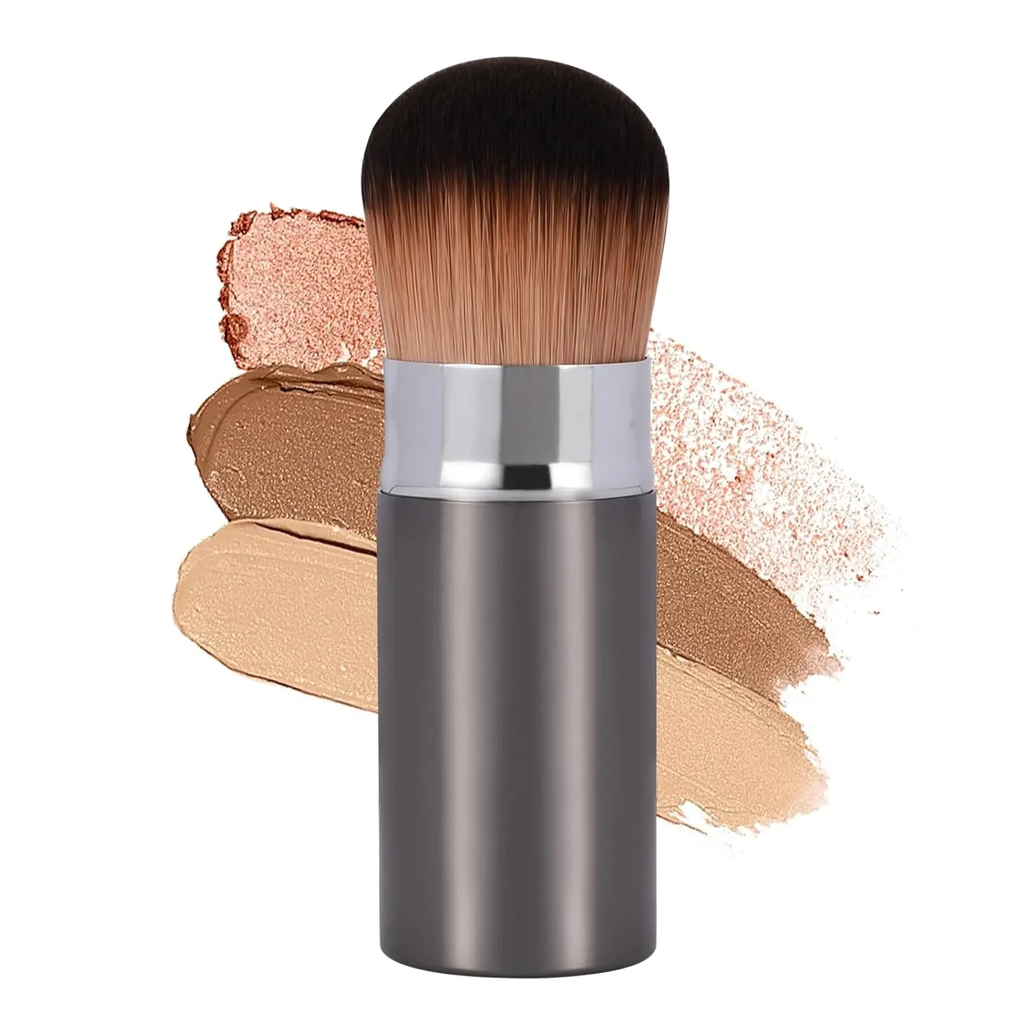 Retractable Round Kabuki Brush for Foundation, Blush & Bronzer, Dense Travel Makeup Brush for Liquid, Cream & Powder, Soft Buffing & Blending Tool for Full Coverage Skin(Glossy Black)