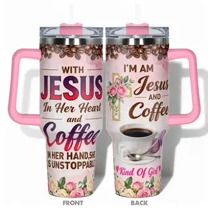 1pc Stainless Steel Cup Tumbler 40oz/30oz/22oz/20oz/14oz Insulated Water Bottle,Funny Design With Jesus and Coffee Floral Cross Double-layer insulation Leakproof Large Capacity, Needed for Gym, Hiking, Travel Ideal Birthday Chri