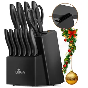 Cutter set of 15 pieces, with sharpening block-high carbon stainless steel snow kitchen cutter set, rust-free, ultra-sharp tableware cutter set, with wooden frame and kitchen scissors, suitable for families and restaurants, perfect kitchen gift.