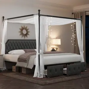 Full/Queen/King Canopy Bed Frame With 2/3 Drawers And Button Tufted Headboard, Platform Bed With 4 Removable Posts, Two-Purpose Velvet Bed, No Box Spring Needed, Dark Grey/Beige, Curtains Not Included
