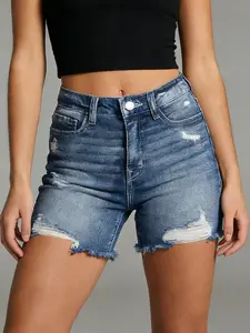 Women's Vintage High-Waisted Ripped Denim Shorts, Mid Waist, Casual Style, Perfect for Summer Daily Wear, Vacation, Dates