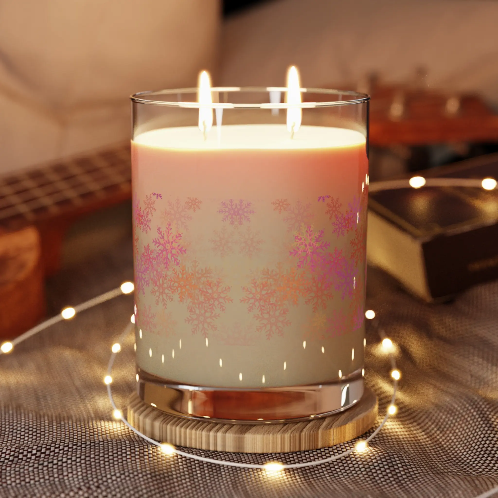 Pink Snowflakes Scented Soy Candle - 11oz Full Glass Jar with Sage, Fig, Moss Scents, Cozy Print Design, Luxury Home Decor Accessory, Ideal Gift for Friday Nights, Aroma