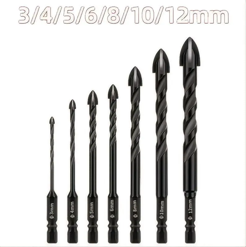 7-Pieces Multi-Size Carbide Tips Cross Head Drill Bit Set, 1/8 to 1/2 Inch Industrial Strength Hex Shank Bits for Concrete, Brick Wall, Tile, Glass & Ceramic, Hand Tools for Masonry Projects