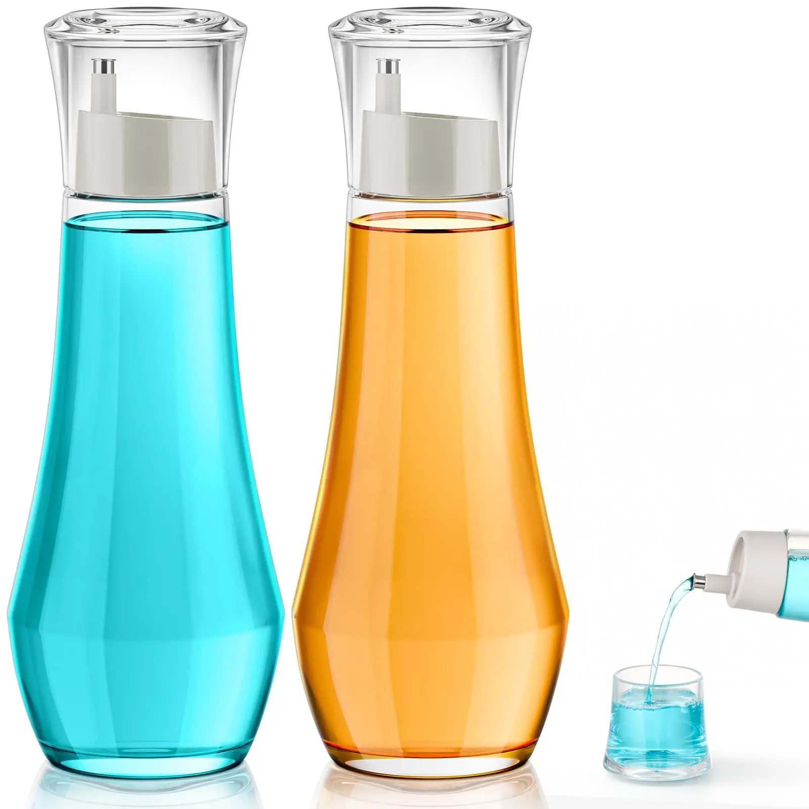 Glass Mouthwash Dispenser For Bathroom  8.8oz Mouth Wash Container Bottle With Lid Cup Small Clear Refillable Decanter Countertop Set Of 2