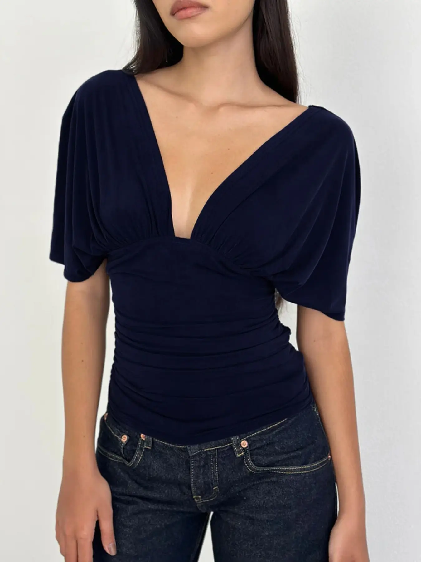Deep V Batwing Sleeve Ruched Short Top, Front Back Dual V Neck, Loose Batwing Sleeves, Waist Cinching, Slimming, Casual Commute Date Wear, Chic Elegant Basic Womenswear Blouse, Shirts