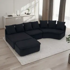Niccae 133'' Modular U-Shaped Boneless Sectional Couch, Black Woodgrain Chenille Couch with Removable Recliner Module, Flexible Configuration Oversized Indoor Furniture for Large Living Rooms