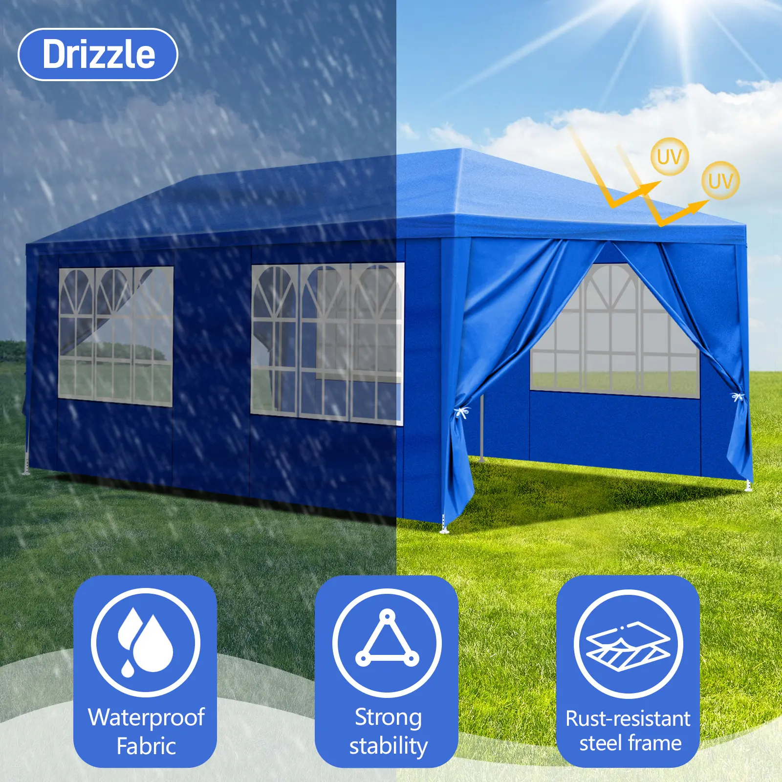 10'x20' Outdoor Party Tent with 6 Removable Sidewalls, Waterproof Canopy Patio Wedding Gazebo, Blue  ,Waterproof and UV resistant,firm,awnings