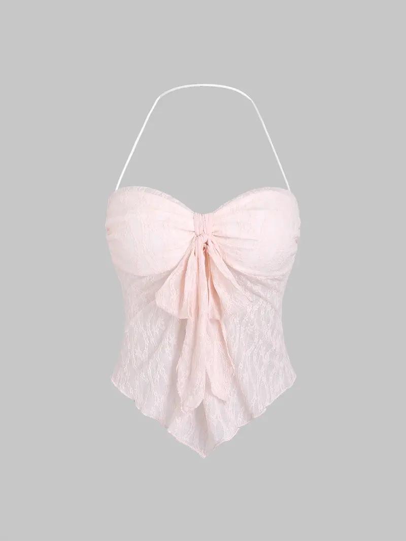 Spring Floral Lace Halter Top Backless Tie Front Bow Top Asymmetrical Crop Top