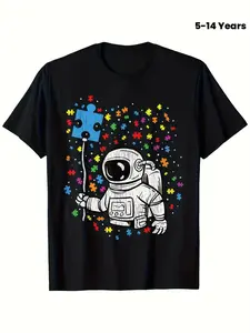 Boys' Autism Awareness Puzzle Piece Astronaut Shirt - Soft Breathable Cotton Crew Neck Tee with Colorful Puzzle & Autism Symbol Design, Moisture-Wicking Short Sleeve Top for ASD, Casual Summer & Casual Attire for Boys & Teens (Machine Washable)