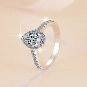 925 silver ring set with D color VVS moissanite; teardrop, girlish style, pear shape, 1 carat; light luxury, fashionable moissanite rings