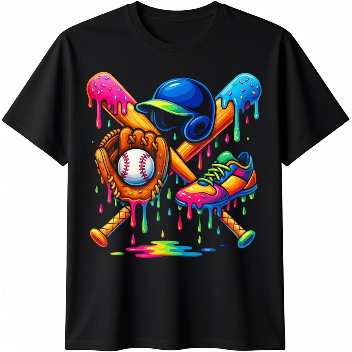 Men's Cotton Graphic T-Shirt with a Streetwear Baseball Ice Cream Drip Print, Short Sleeve Casual Round Neck Top, Tshirt, Shortsleeve