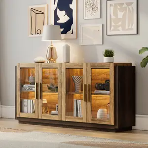 [Summergarden][Fathersdaygift] AMERLIFE Sideboard Buffet Cabinet, Mixed Color Accent Cabinet with LED Lights, Modern Glass Doors Storage Cabinet with Adjustable Shelf, Console Table