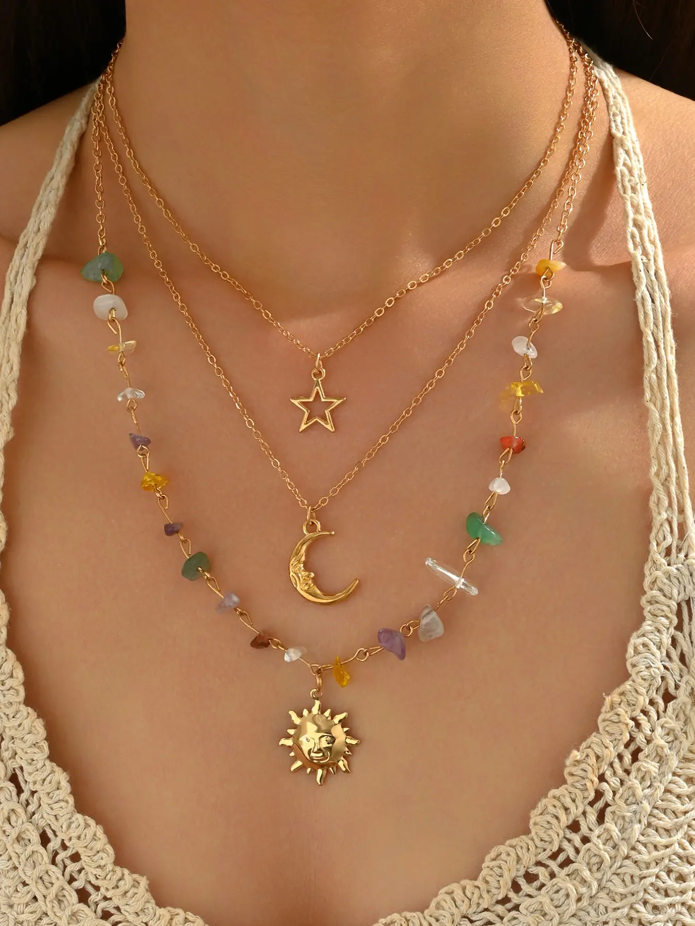 Bohemian Colorful Beaded Multi-Layer Necklace Set, Dainty Layering Jewelry, Charms Necklace, Star Moon Sun Pendants, Elegant Design for Women, Perfect Gift for Girlfriend, Boho Style Jewelry