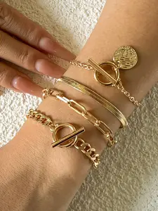 4pcs/set Women's Street Trend Chunky Chain Bracelets, Trendy Chic Vintage Round Charm Bracelet, Retro Fashionable Jewelry As Birthday Gift for Girlfriend