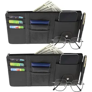 2 Packs Car Sun Visor Multi-Pocket Organizer for SUV & Truck, Auto Visor Storage Pouch with Big Zipper Pocket, Card Sleeve, Driving License, Insurance, Sunglasses, Pen, Key, Lipstick