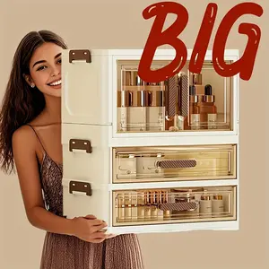 Folding large capacity cosmetic storage cabinet with file storage box and drawers, large capacity transparent drawer cabinet suitable for storing cosmetic and skincare product files and books
