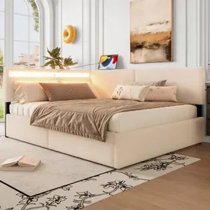 【Bellemave】Twin /FullSize Boucle Bed Frame, Upholstered Cloud Bed Frame with Headboard, with 2 Storage Drawers, LED light and USB Charging Design, Solid Wood Legs and Slats, No Box Spring Needed, Beige