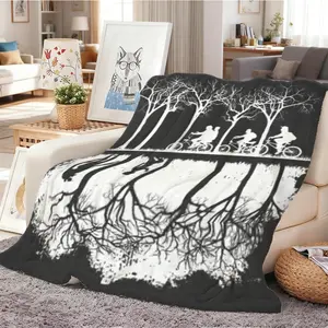 1Pcs STRANGER blanket Silhouette and Nature Design Exquisite Blanket Featuring Cyclists and Trees in a Cozy Living Room, Christmas for Nature Lovers Perfect Gift Eleven, Mike, Dustin, Lucas, Will, Vecna, Jim, Joyce, Nancy, outdoor enthusiasts