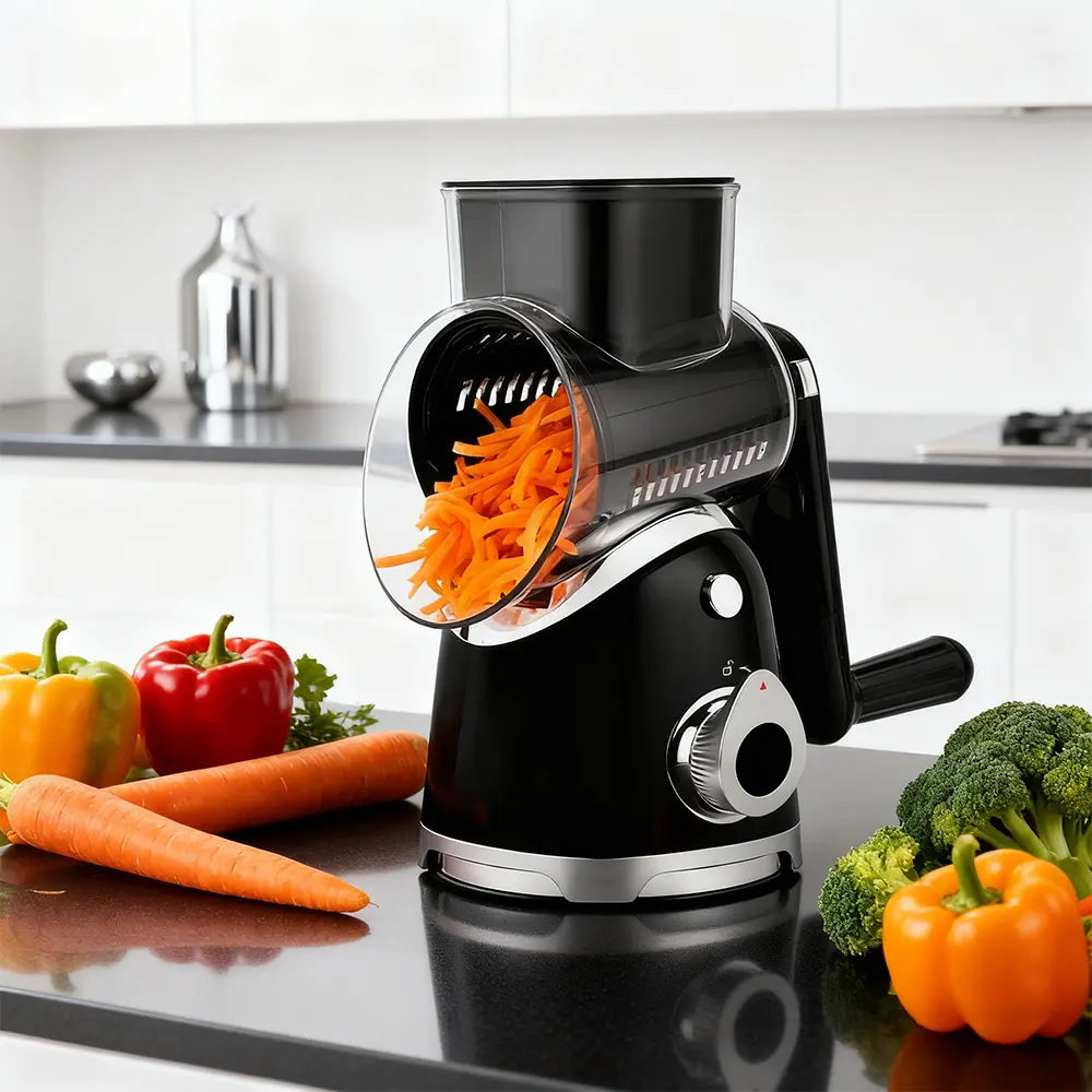 SUSTEAS Multi-Function Rotary Cheese Grater - 6 Interchangeable Stainless Steel Blades, Fruit Vegetable Slicer, ABS Food Prep Tool, Easy-to-Clean Kitchen Utensil with Blade Holder for Safe Storage, Ideal for Weddings, Birthdays