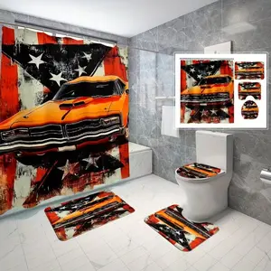 1/4pcs Retro Orange Car with American Flag Background Shower Curtain Set, includes non-slip mat, U-shaped rug, and toilet seat cover. Perfect for bathroom decoration, partitioning, and beautifying the space. Comes with 12 shower curtain hooks.