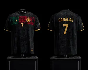 Portugal Black Gold shirt, Ronaldo Men's Short Sleeve Casual Shirt Luxury Graphic Print Fashion Shirt Lightweight Comfortable Casual Wear For Men, Jerseys for Soccer, Game Day Outfit, Ideal Gift for Fans and Players