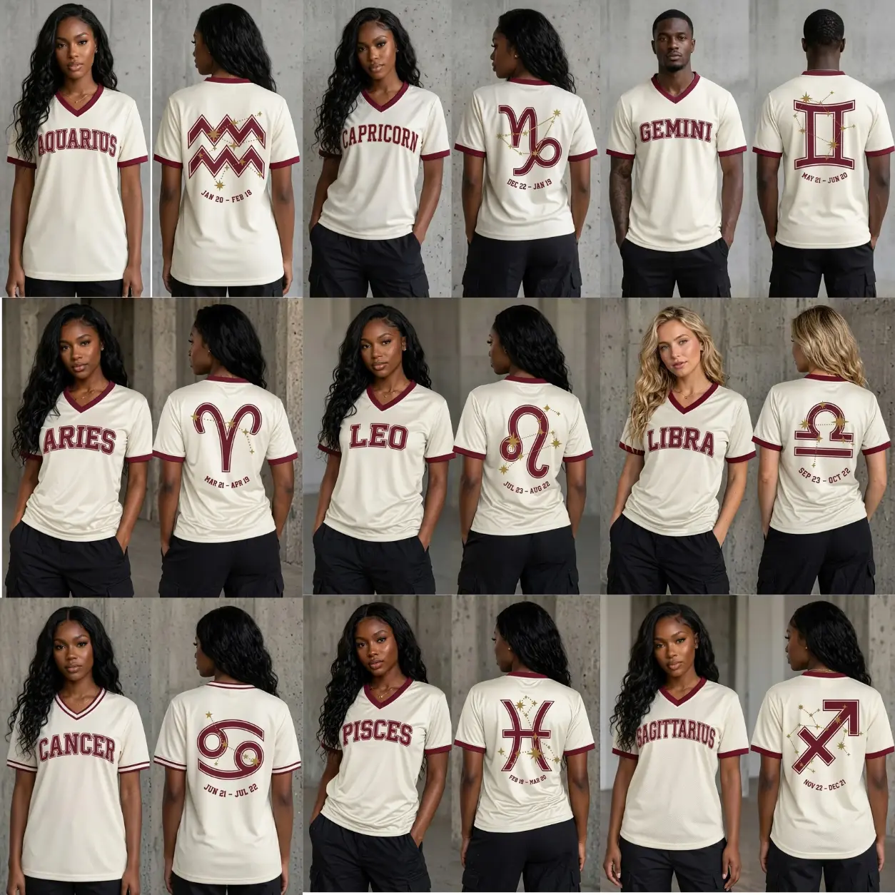 12 Zodiac Signs Graphic V-Neck Jersey – Ivory Ringer Baseball Astrology Constellation Varsity Top, Aries Cancer Gemini Sagittarius Virgo Pisces Birthday Gift for Women Men