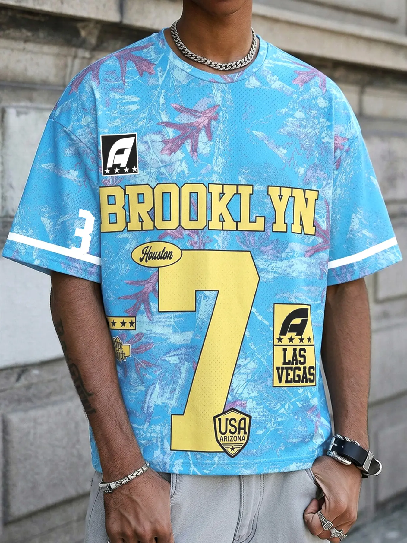 Vintage Sports Brooklyn Jersey Tee - Blue, Retro Vibe  Number 7 Graphic & Tie-Dye Texture, Breathable Mesh. #VintageSportsBrooklynTee #RetroSportsStyle