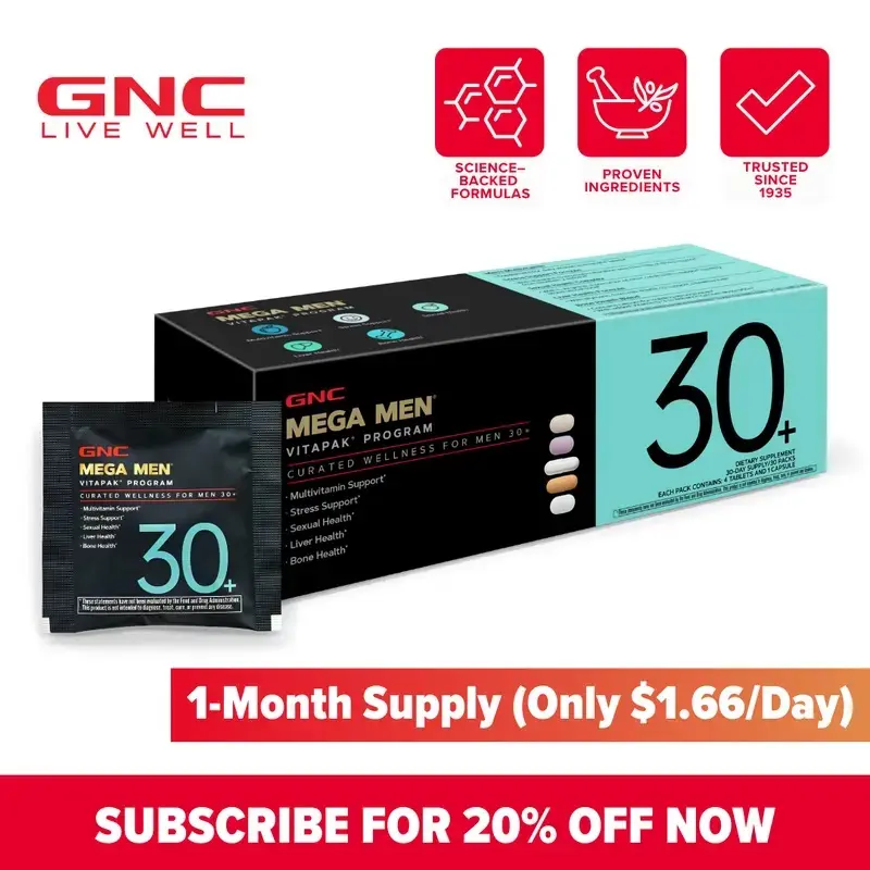 GNC 3-Pack Bundle: Mega Men's 30+ Vitapak, 90 day supply, Stress & Bone Support, 30 Count, Healthcare, overall Wellness, Dietary Supplement
