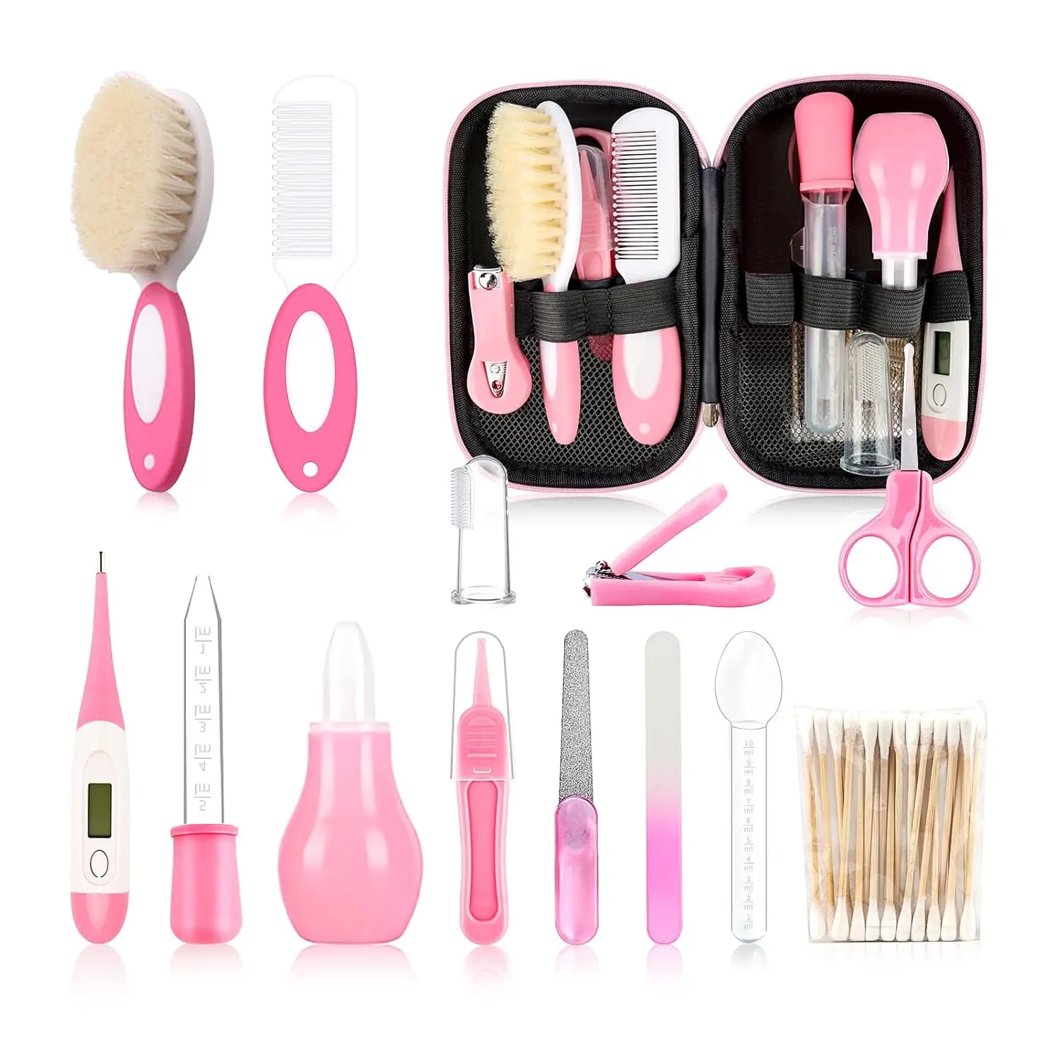 Baby Grooming Kit Infant Safety Care Setwith Hair Brush Comb Nail Clipper Nasal Aspirator, Baby Essentials Kit for Newborn Girls Boys (14 PC-Pink Kit)