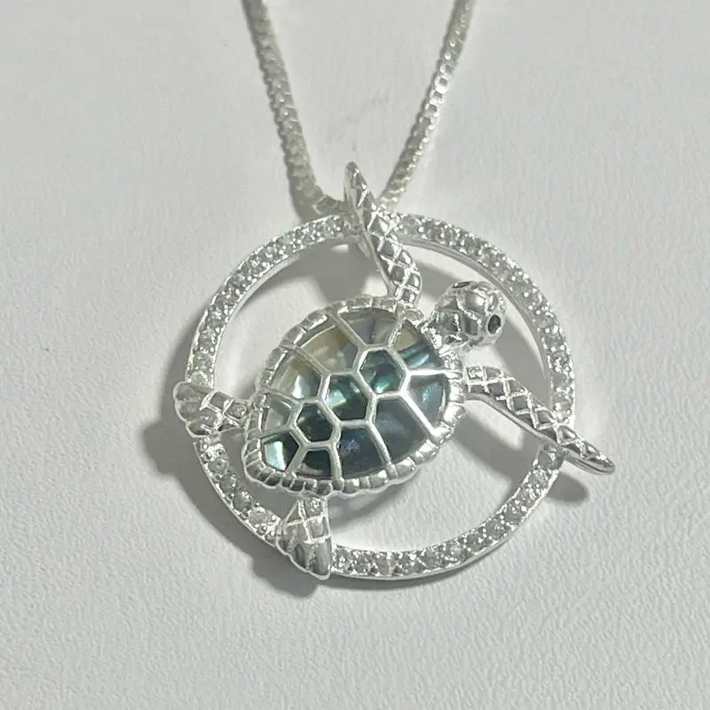 Sterling Silver 925 CZ Mother of Pearl Abalone Turtle Pendant Necklace Chain 20” Sea Jewelry