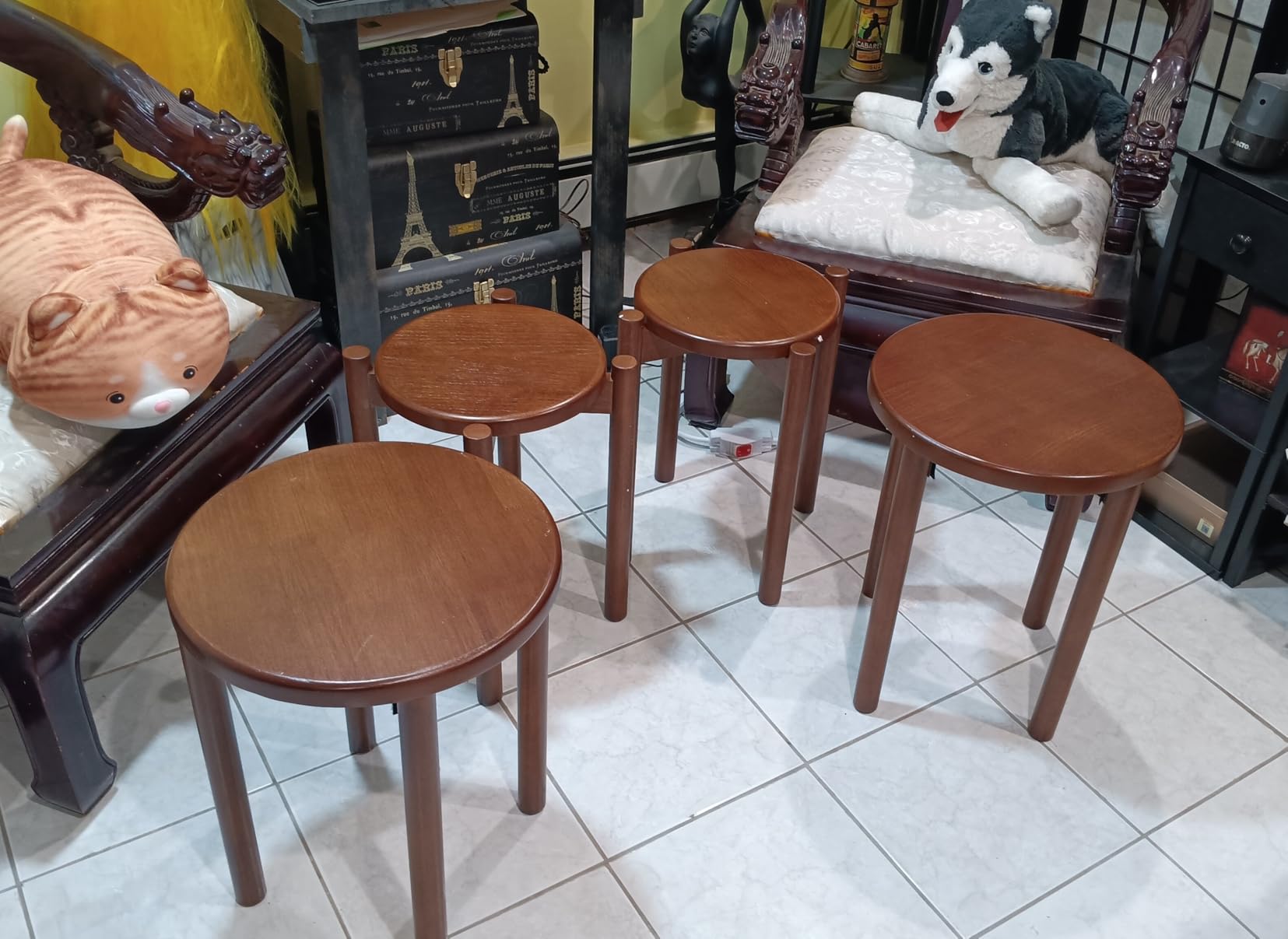 【HOT】Solid Wood Stackable Stools Set of 4,Wooden Stool,Sturdy and Durable,No Installation Required,Top Stackable Round Stools for Kitchen Island,Dining Room,Bedroom,Living Room, Space Saving