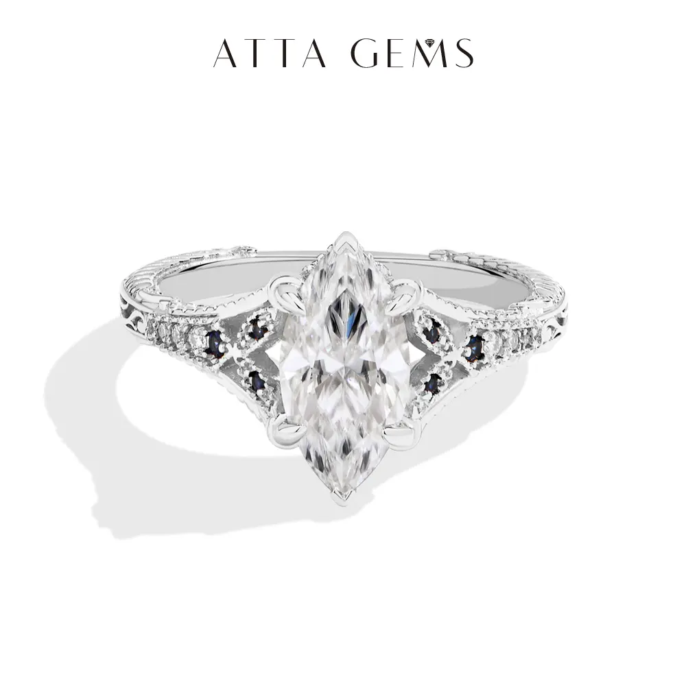 ATTAGEMS VVS1 Color Marquise Cut 2CT Lab-Created Moissanite Ring for Women 18k Gold Plated 925 Silver Engagement Wedding Luxury Rings Gift for Her Jewelry R326, Moissanite Ring Band, Engagement Rings