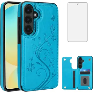 Phone Case for  Galaxy S24 FE 5G with Tempered Glass Screen Protector and Card Holder Wallet Cover Stand Flip Leather Cell Accessories S 24 EF S24FE 24S Cases Women Men Blue