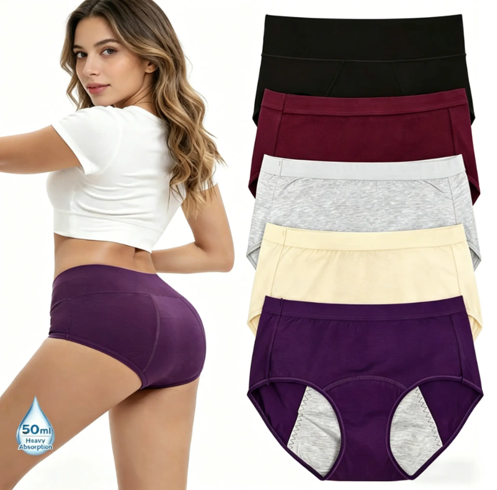 Women's Menstrual Panties, 5-Pack Soft Cotton Briefs with Breathable and Moisture-Wicking Lining, Leak-Proof Design, Great Value Pack, Everyday, Period Underwear, 5Pcs（2 X Burgundy, Gray, Nude, Dark Blue）, Great For Work, School, And Errands, Elastic Fit,