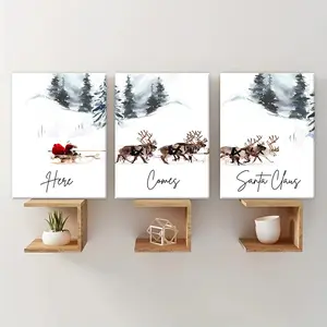 Christmas Wooden Framed Canvas Painting, 3 Counts/set Santa Claus & Reindeer Pattern Wall Art, Home Decor for Living Room Bedroom Office