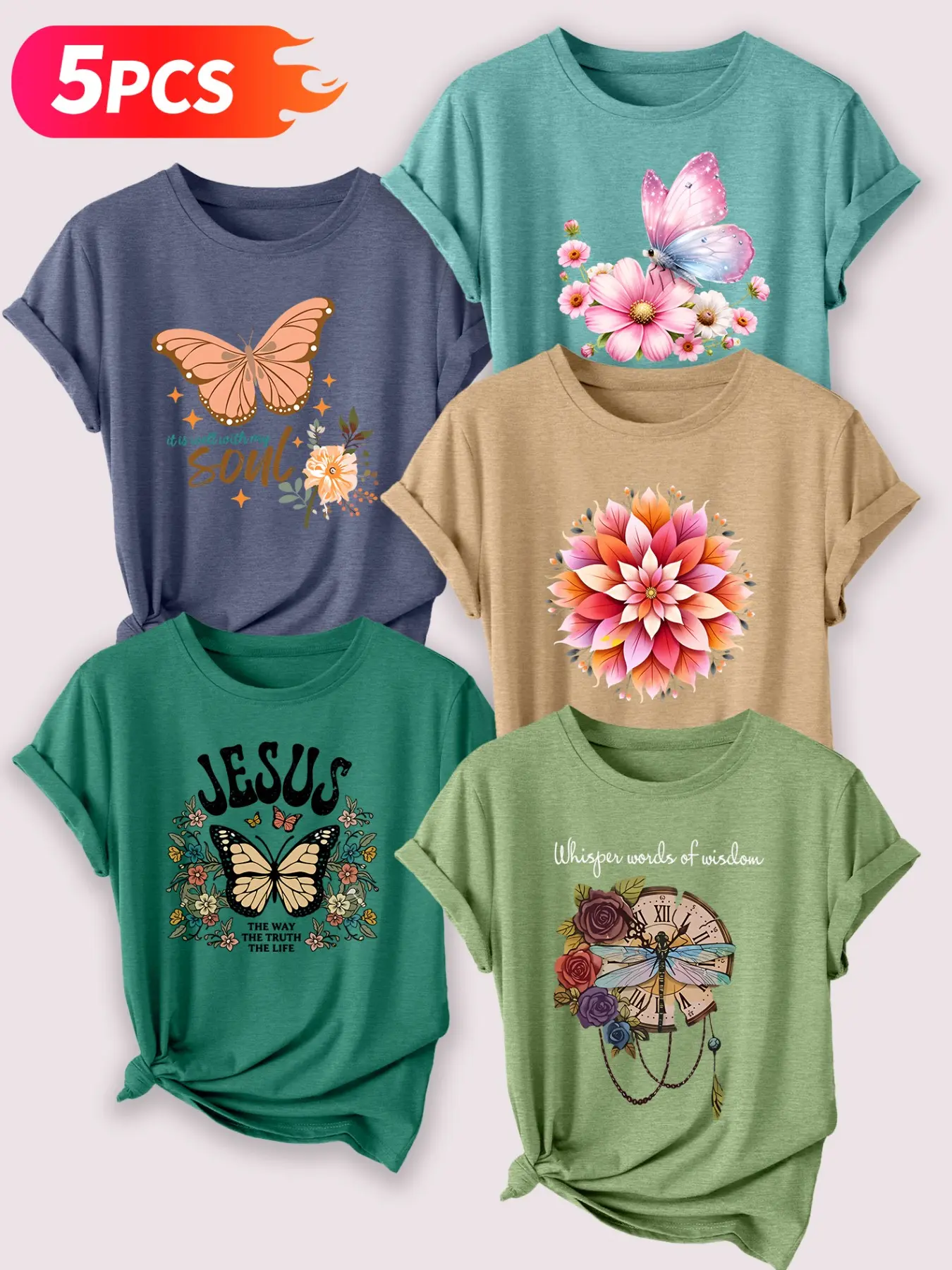 5pcs Floral & Butterfly-Themed T-Shirts, Women's Casual Short-Sleeve Crew-Neck Cotton Shirt Set , Bestselling Graphic Print, Machine-Washable Spring & Summer Tops, Soft Skin-Friendly Breathable Fabric, Daily Versatile Fashion Design