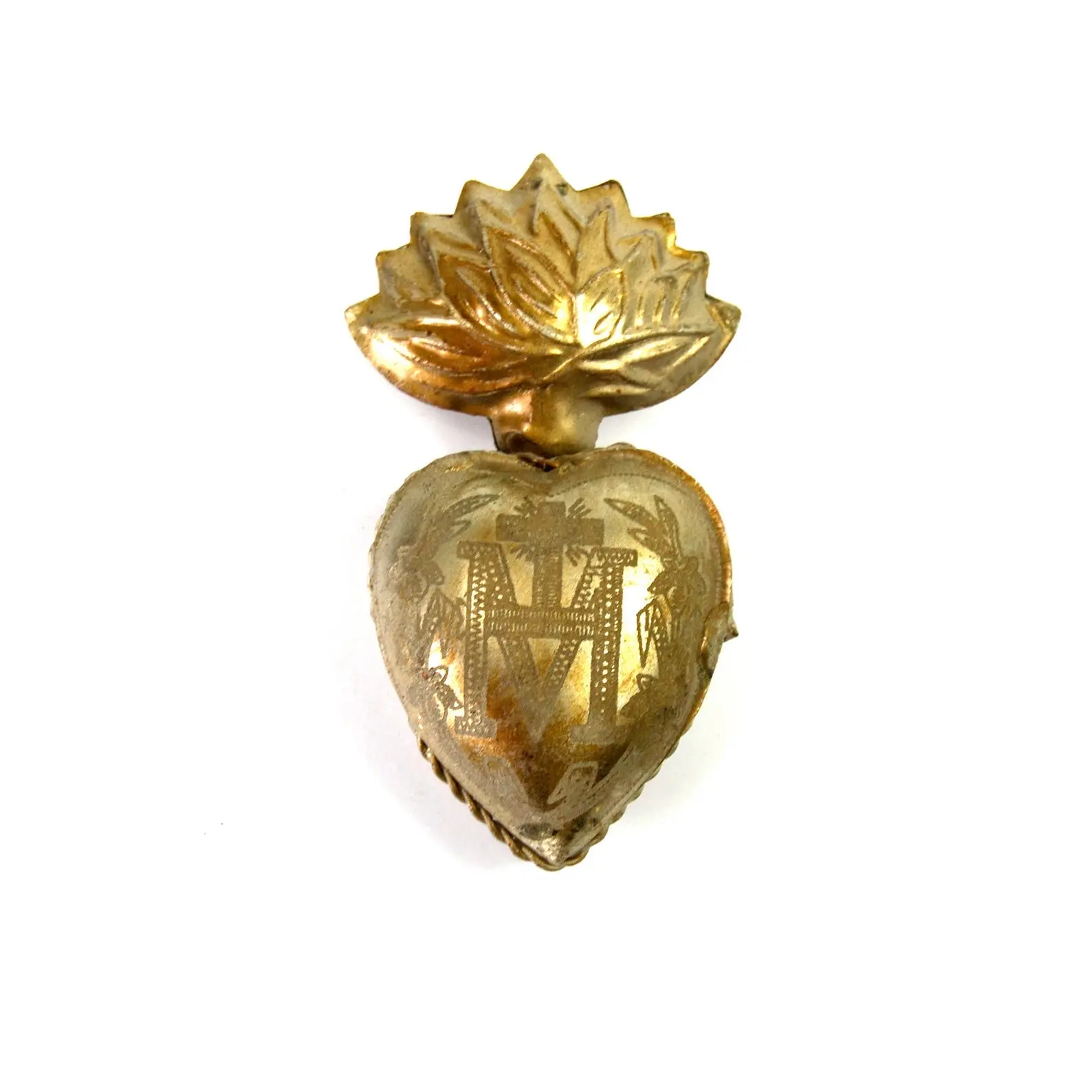 3.25" Sacred Heart Ex Voto Locket Ornament, Antiqued Silver Milagro