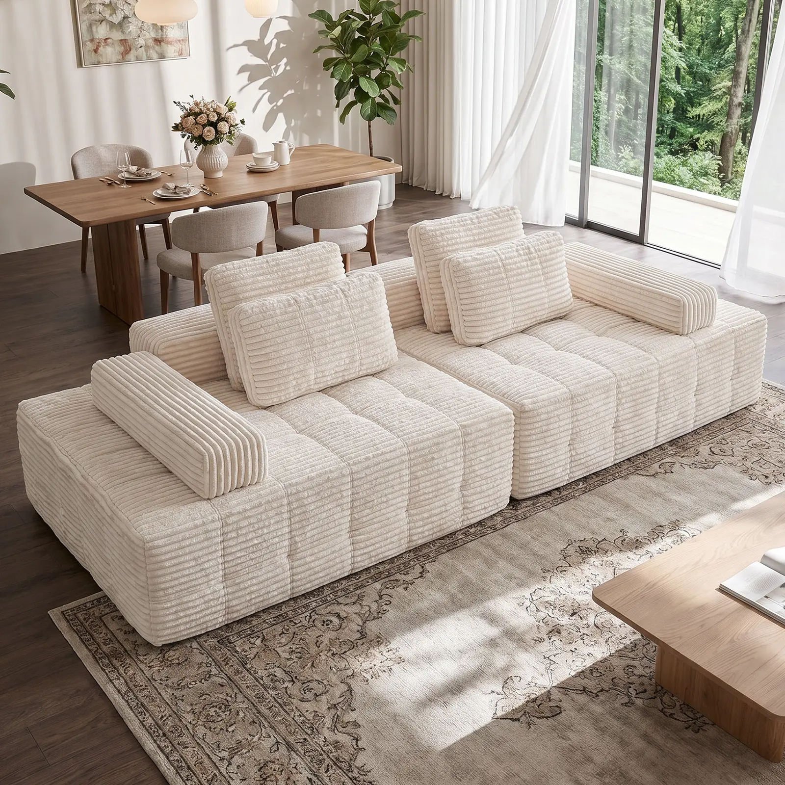 【New Style Drop】XYTLBQE Modular Double Loveseat Couch - 113-in Seamless Compact Frameless Corduroy Modern Sofa, Ergonomic Multifunctional Floor Bed, Durable Fully Assembled Apartment Furniture (Suitable for Reading Nook, Shipped in 2 Pieces)