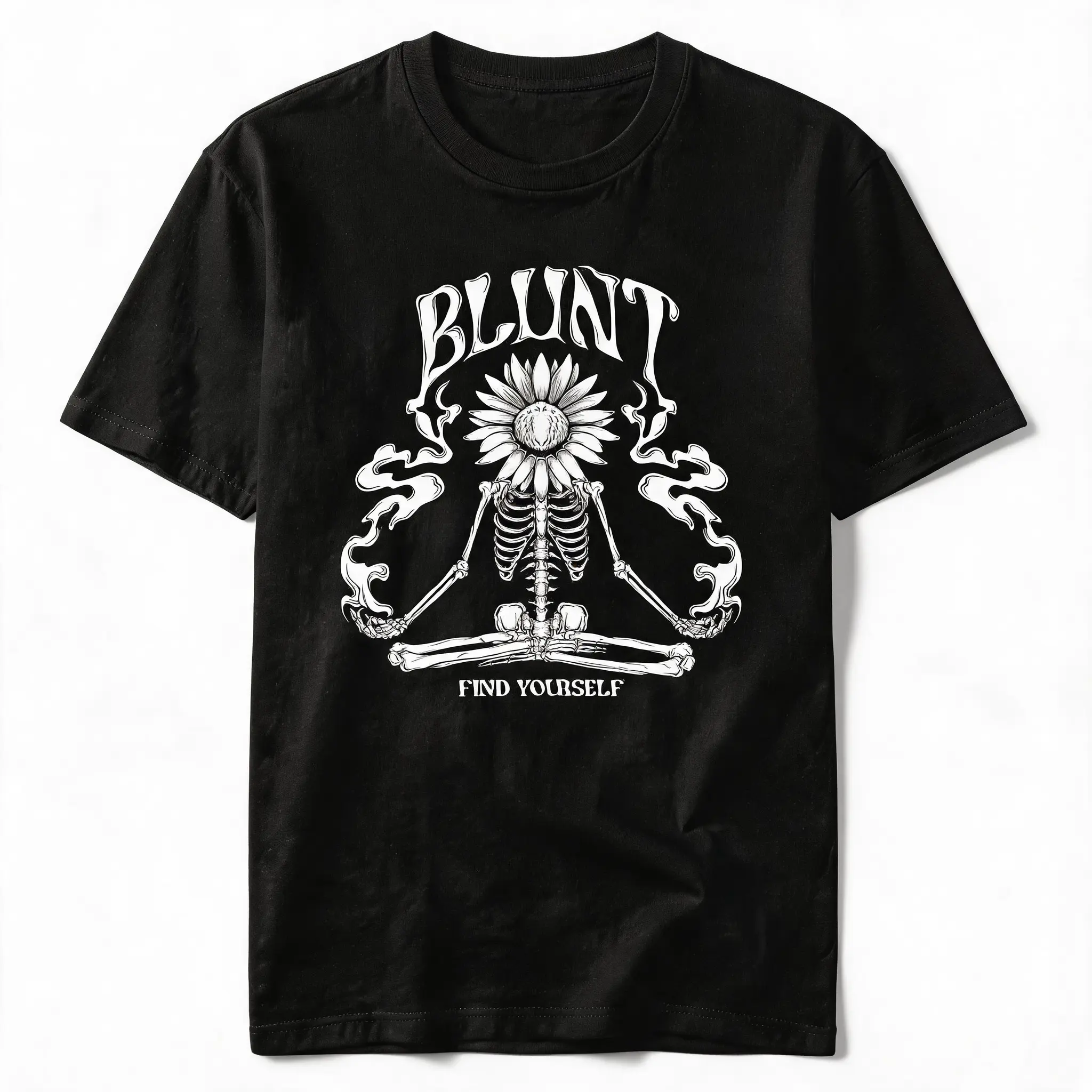 Blunt Find Yourself Meditating Skeleton Sunflower Smoke Gothic Line Art Graphic T-Shirt Spiritual Dark Street Unisex Cotton Short Sleeve Casual Tee