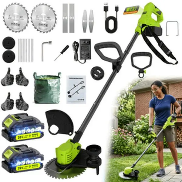 UEEKEE New Upgraded Heavy-Duty Cordless Electric Grass Trimmer On Clearance! Multi-functionalPortable Home Lawn Mower With 2 Large-Capacity Lithium Batteries & 3 Replacement Blades, Handheld Yard Weeder & Lawn Edger, Perfect Gift For Dad